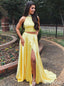 Bright Yellow Two Pieces Halter Neck Prom Dresses Beadings High Slit Party Dresses ARD2452