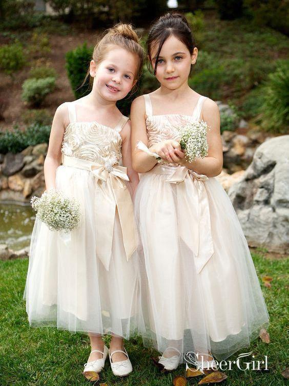 Broad Strap Tea Length Champagne Flower Girl Dresses with Bow ARD1769-SheerGirl