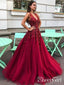 Burgundy A Line Deep V Neck Evening Dress with Beadings and Sequins Floor Length Prom Dress ARD2546
