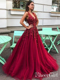 Burgundy A Line Deep V Neck Evening Dress with Beadings and Sequins Floor Length Prom Dress ARD2546-SheerGirl