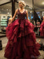 Burgundy Beaded Ball Gown Prom Dresses Ruffle Skirt Quinceanera Dress ARD2233