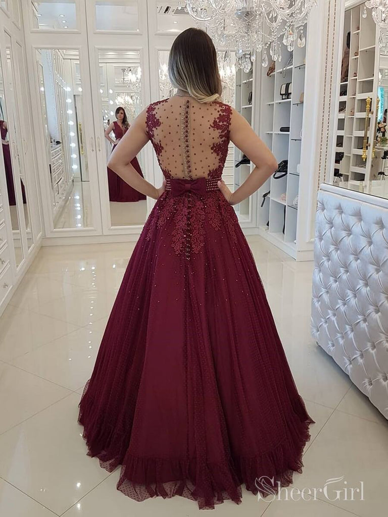 Burgundy Beaded Long Prom Dresses Sheer Back Polka Dot Ball Gown ARD2095-SheerGirl