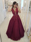 Burgundy Beaded Long Prom Dresses Sheer Back Polka Dot Ball Gown ARD2095