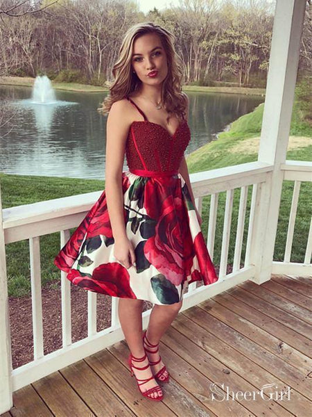 Burgundy Floral Homecoming Dresses Short Beaded Cheap Maroon Homecomin   SheerGirl