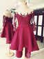 Burgundy High Low Short Prom Dresses 3/4 Sleeves Lace Applique Homecoming Dresses APD3506
