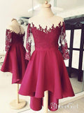 Burgundy High Low Short Prom Dresses 3/4 Sleeves Lace Applique Homecoming Dresses APD3506-SheerGirl
