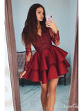 Burgundy Long Sleeve Homecoming Dresses Lace Maroon Short Prom Dress ARD1527-SheerGirl