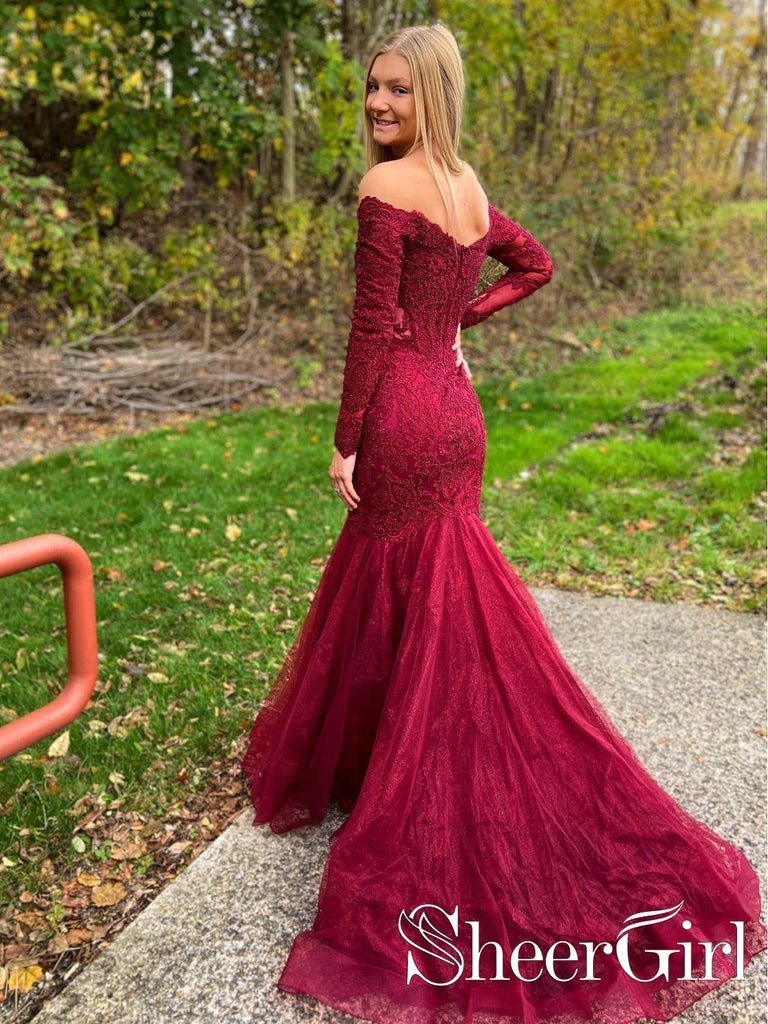 Burgundy Off Shoulder Sexy Party Dress with Long Sleeves Mermaid Long Prom Dress ARD2540-SheerGirl