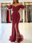 Burgundy Off The Shoulder Long Formal Dresses MermaidProm Dresses With Slit ARD2865