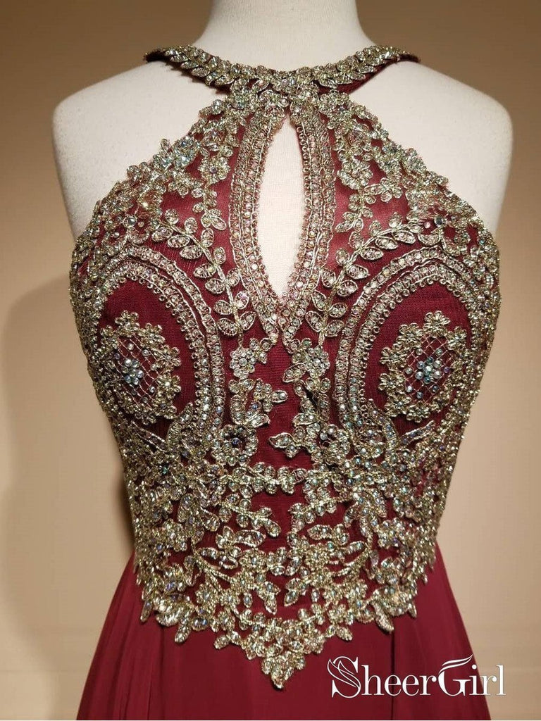 Burgundy Prom Dresses with Gold Lace Appliqued Long Chiffon Formal Par SheerGirl Burgundy Prom Dresses with Gold Lace Appliqued Long Chiffon Formal Par SheerGirl