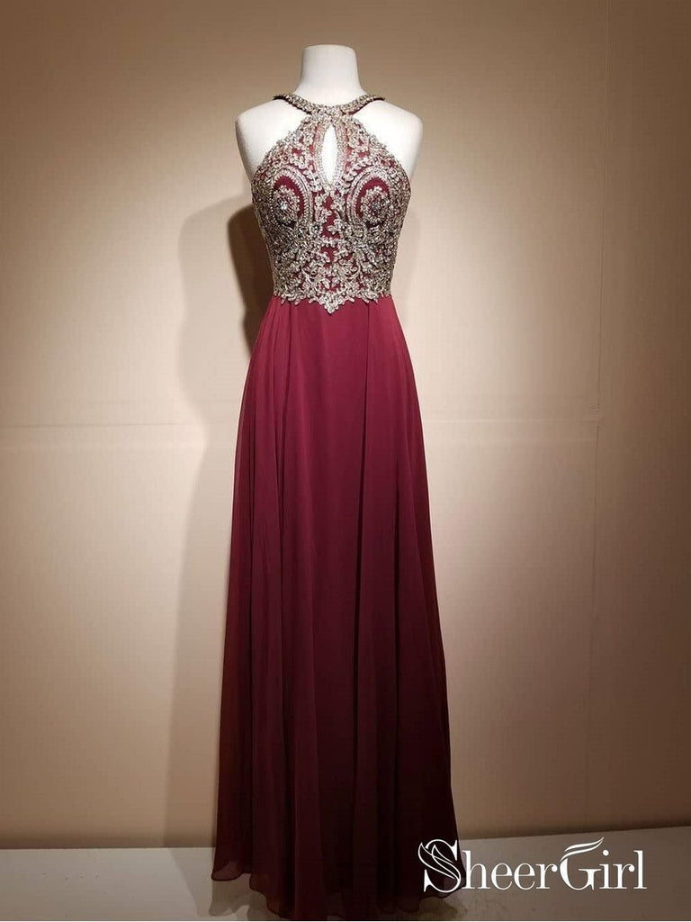 Burgundy Prom Dresses with Gold Lace Appliqued Long Chiffon Formal Party Dresses APD3180-SheerGirl