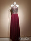 Burgundy Prom Dresses with Gold Lace Appliqued Long Chiffon Formal Party Dresses APD3180