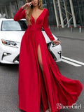Burgundy Prom Dresses with Slit V Neck Cheap Long Sleeve Prom Dresses AWD1095-SheerGirl