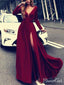 Burgundy Prom Dresses with Slit V Neck Cheap Long Sleeve Prom Dresses AWD1095