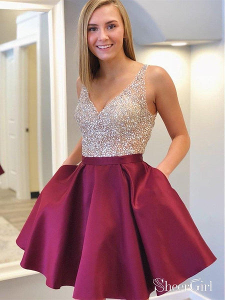 burgundy red homecoming dress See Through Beaded Dresses with Pockets ARD1811 Paisley Ikat