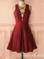 Vínové krátké šaty pro návrat domů Elegantní maturitní šaty s výstřihem do V ARD1541 