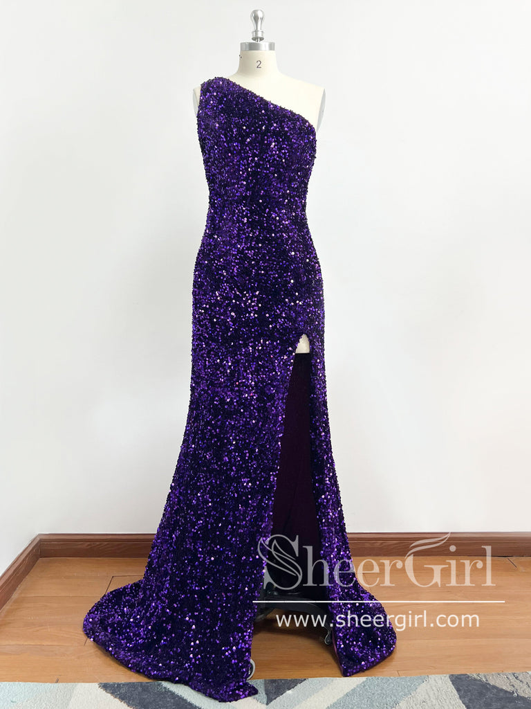 Burgundy Single Shoulder Sparkly Prom Dresses Sheath Formal Dress Mermaid Party Dress ARD2053B-SheerGirl