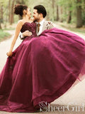 Burgundy Strapless Long Wedding Dresses Lace Applique Bridal Dress AWD1615-SheerGirl