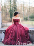 Burgundy Strapless Long Wedding Dresses Lace Applique Bridal Dress AWD1615-SheerGirl