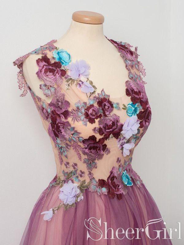 Burgundy Tulle Vivid Flower Decoration Prom Dresses A line Scoop neck Appliqued Party Dress ARD2448-SheerGirl