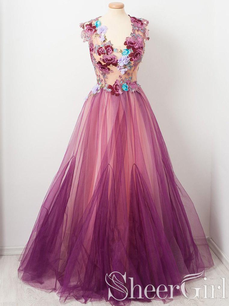 Burgundy Tulle Vivid Flower Decoration Prom Dresses A line Scoop neck Appliqued Party Dress ARD2448-SheerGirl