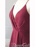 Burgundy V-neck Prom Dress Spaghetti Strap Long Evening Dresses ARD2412-SheerGirl