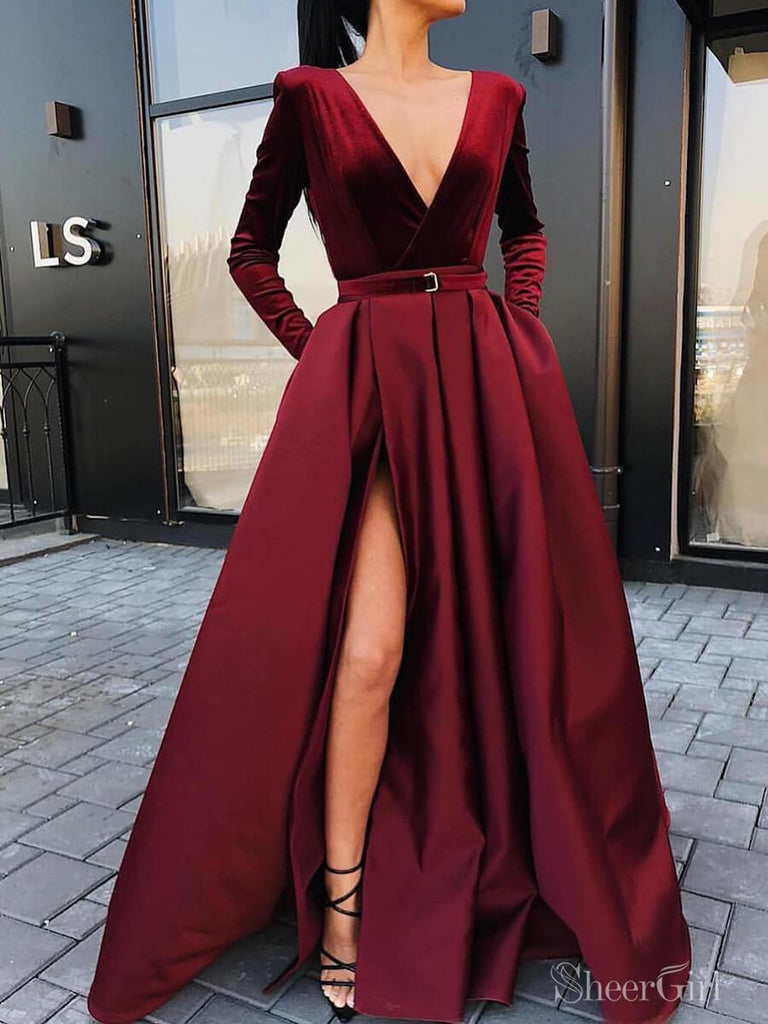 Burgundy V-neck Prom Dresses Formal Dresses With Slit ARD2326 – SheerGirl