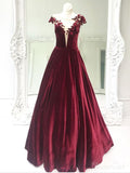 Burgundy Velvet Long Prom Dresses Cap Sleeve Maroon Prom Dress ARD2112-SheerGirl