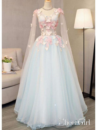 Butterfly Appliqued Long Blue Princess Ball Gowns Cap Sleeve A Line V Neck Prom Dresses ARD1055-SheerGirl
