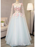 Butterfly Appliqued Long Blue Princess Ball Gowns Cap Sleeve A Line V Neck Prom Dresses ARD1055-SheerGirl