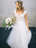 Cap Sleeve Beach Wedding Dresses V Neck Cheap Long Summer Wedding Dress AWD1087-SheerGirl
