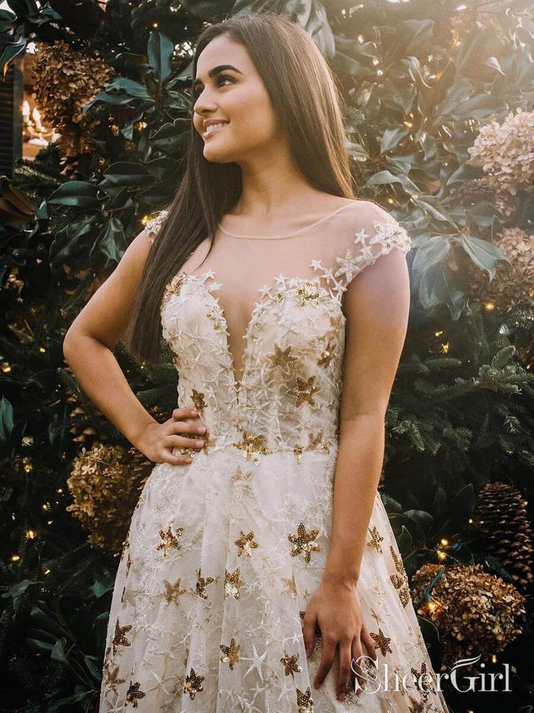 Cap Sleeve Gold Lace Prom Dresses See Through Neckline Formal Dress ARD1967 Cap Sleeve Gold Lace Prom Dresses See Through Neckline Formal Dress ARD1967