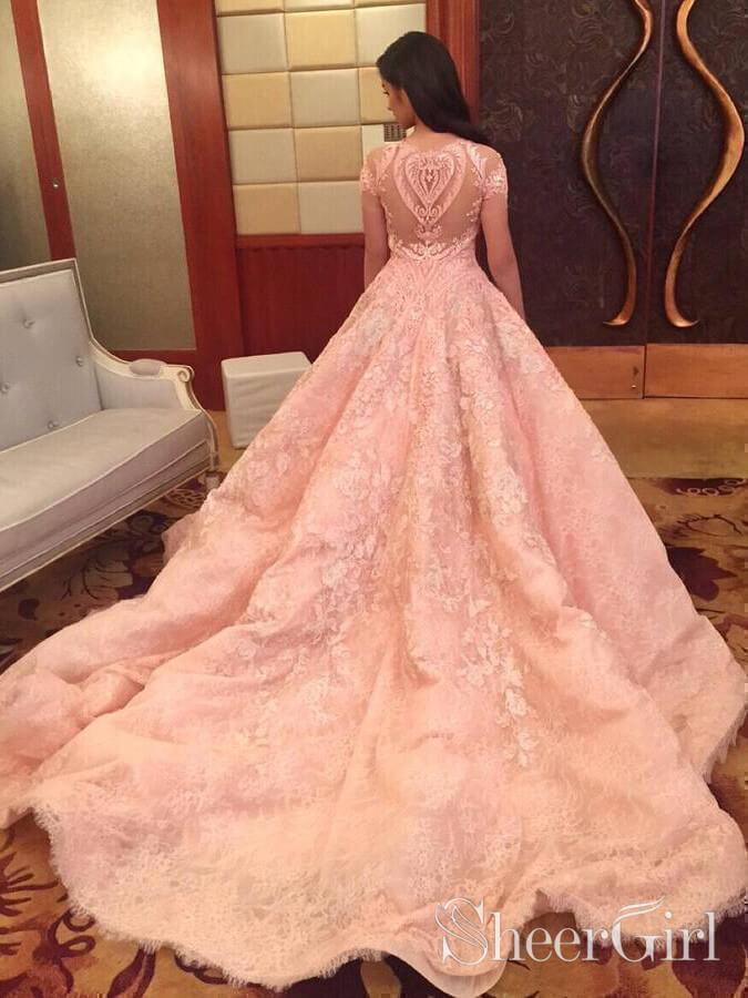Cap Sleeve Pink Lace Ball Gown Prom Dresses Pincess Quinceanera Dress ARD1973-SheerGirl