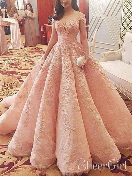 Cap Sleeve Pink Lace Ball Gown Prom Dresses Pincess Quinceanera
