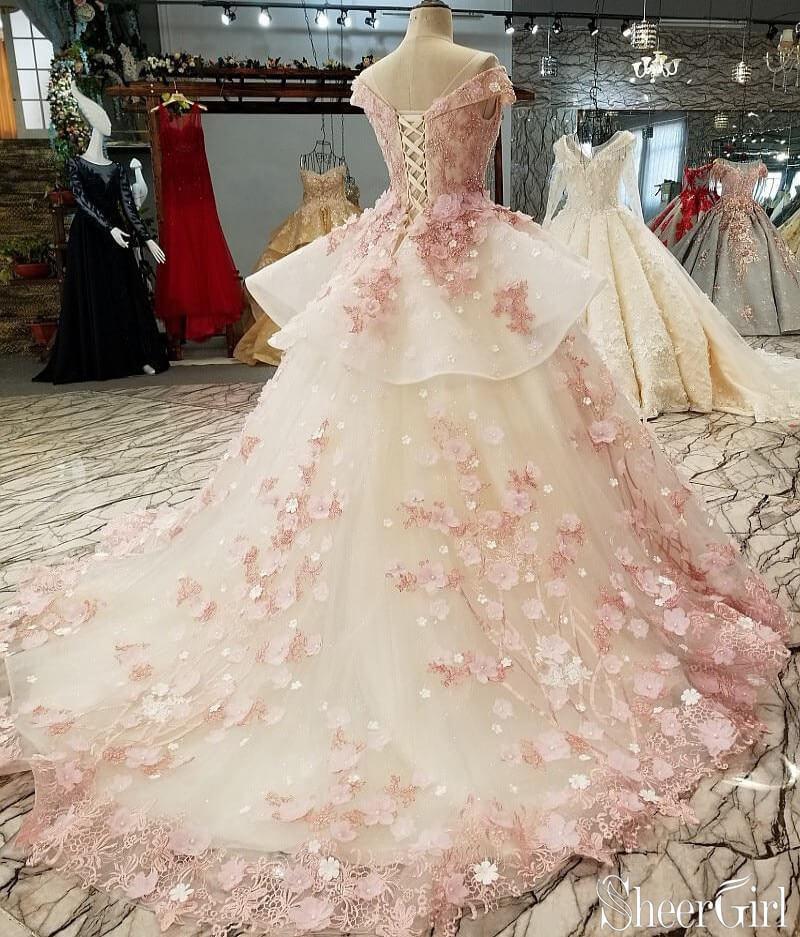 Cap Sleeve Pink Lace Sweet 16 Ball Gown Vintage Chapel Train Quinceanera Dresses ARD1841-SheerGirl