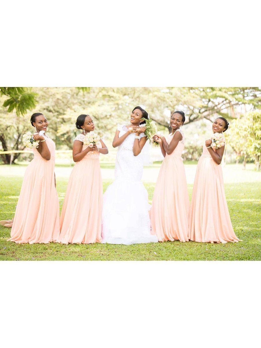 chinese dress ladies A Line Long Chiffon Peach Pink Bridesmaid Dresses Party Gown -