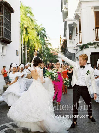 Cathedral Train Long Sleeves Lace A Line Wedding Dress with Deep V Neck AWD1822-SheerGirl