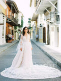 Cathedral Train Long Sleeves Lace A Line Wedding Dress with Deep V Neck AWD1822-SheerGirl