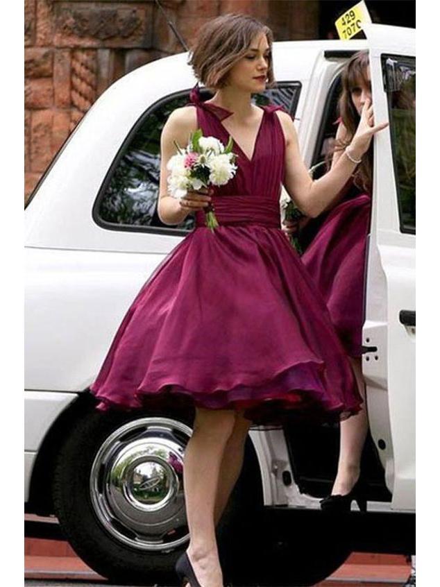 Celebrity Style Tyrian Purple Knee Length Bridesmaid Dresses ARD1455-SheerGirl