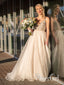Vestido de novia bohemio champán con cuello en V de este vestido de novia con corpiño de lentejuelas de corte A AWD1633 
