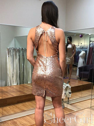Champagne Gold Sheath Homecoming Dresses Backless Sequin Short Prom Dress ARD2445-SheerGirl