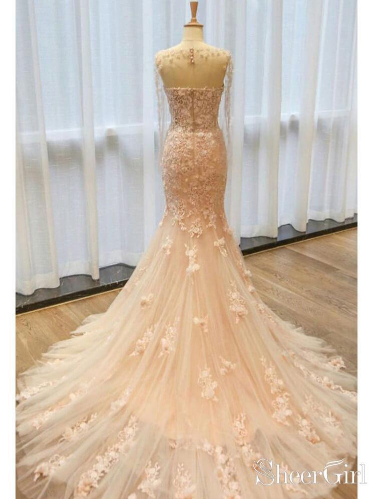 blush mermaid wedding dresses DreamDress By PMN Belva Mermaid Wedding Dress Gown Illusion Back Floral Pearls Crystals Embellishment | Size: Custom