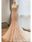 Vestidos de novia de sirena de encaje y tul color champán con manga tipo capa AWD1442 