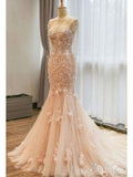 Champagne Lace & Tulle Mermaid Wedding Dresses with Cape Sleeve AWD1442-SheerGirl
