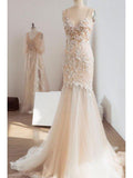 Champagne Mermaid Wedding Dresses Spaghetti Strap Lace Appliqued Wedding Dress AWD1231-SheerGirl