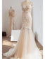 Vestidos de novia de sirena champán, vestido de novia con apliques de encaje y tirantes finos AWD1231 