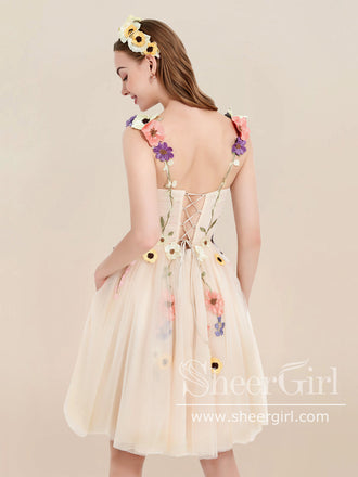 Champagne Short Tulle Prom Dress 3D Colorful Floral Fairy Homecoming Dress ARD2845-SheerGirl