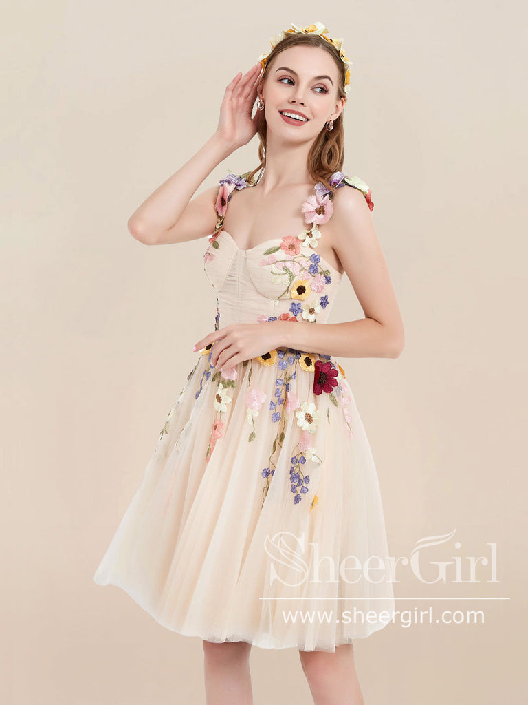 Champagne Short Tulle Prom Dress 3D Colorful Floral Fairy Homecoming Dress ARD2845-SheerGirl
