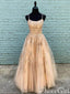 Šaty se šampaňským špagetovým ramínkem na ples Večerní šaty s aplikací A-Line ARD2423 