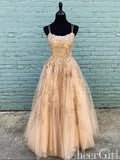 Champagne Spaghetti Strap Prom Dresses Applique A-Line Evening Dress ARD2423-SheerGirl